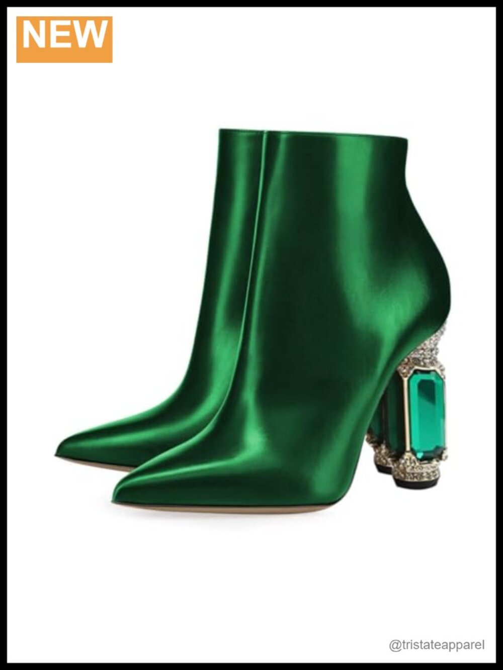 Chic Pointed Toe Crystal Chunky Block High Heel Ankle Boots Side Zipper Shoes